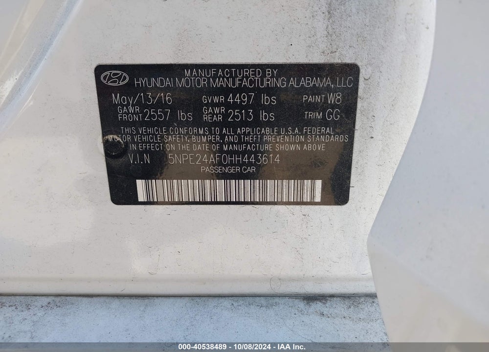 2017 HYUNDAI SONATA SE VIN: 5NPE24AF0HH443614