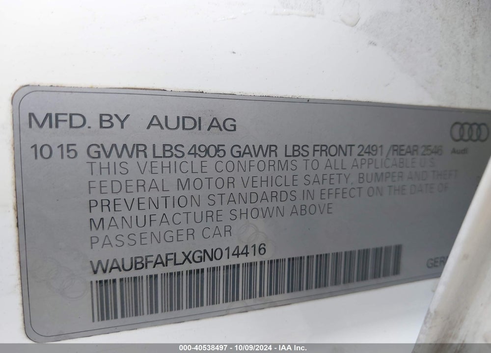 2016 AUDI A4 2.0T PREMIUM VIN: WAUBFAFLXGN014416