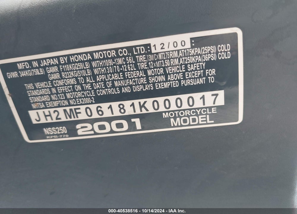2001 HONDA NSS250 VIN: JH2MF06181K000017