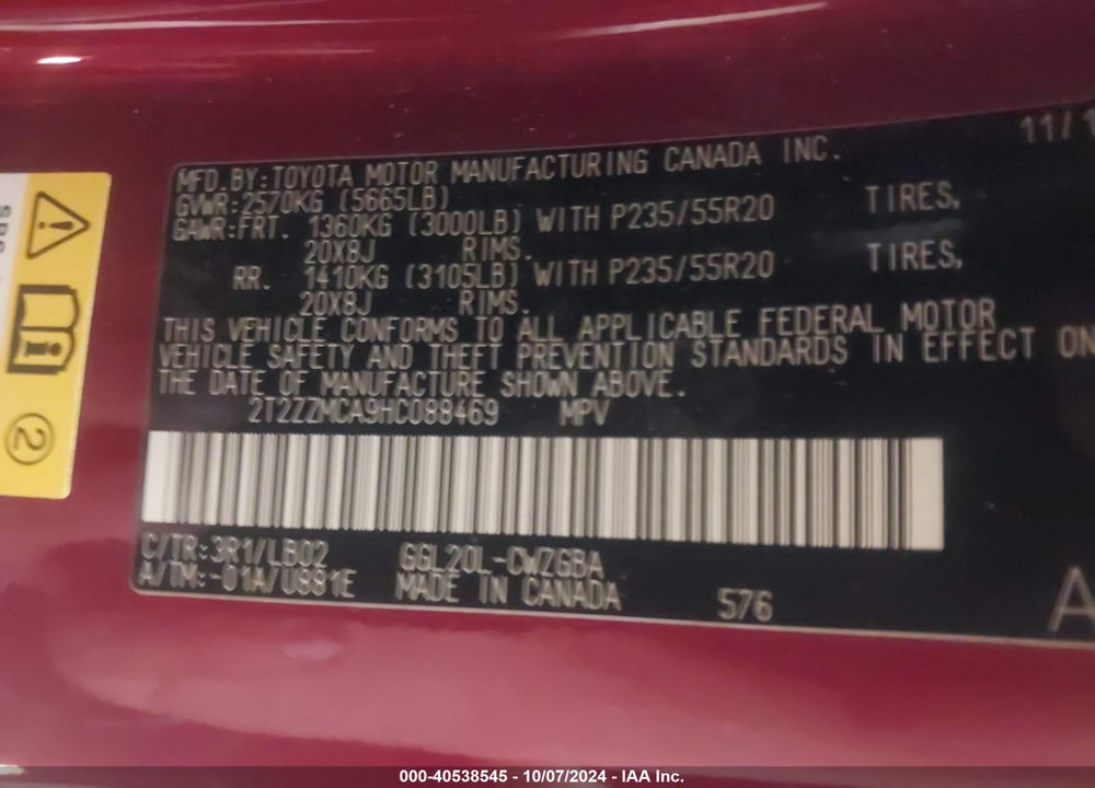 2017 LEXUS RX 350 VIN: 2T2ZZMCA9HC088469