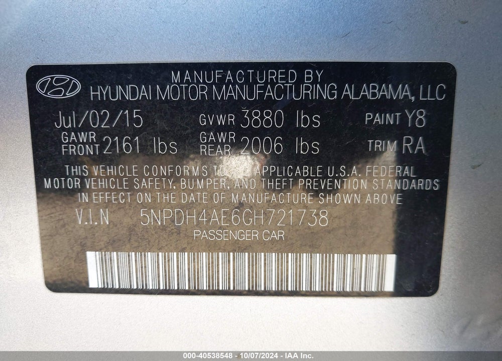 2016 HYUNDAI ELANTRA SE VIN: 5NPDH4AE6GH721738