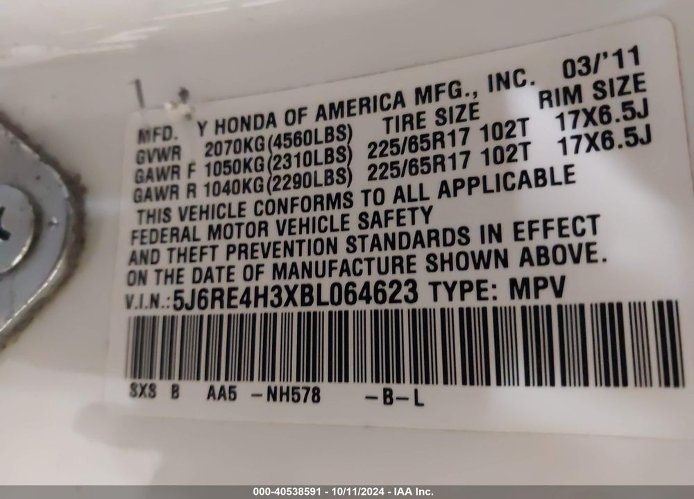 2011 HONDA CR-V LX VIN: 5J6RE4H3XBL064623