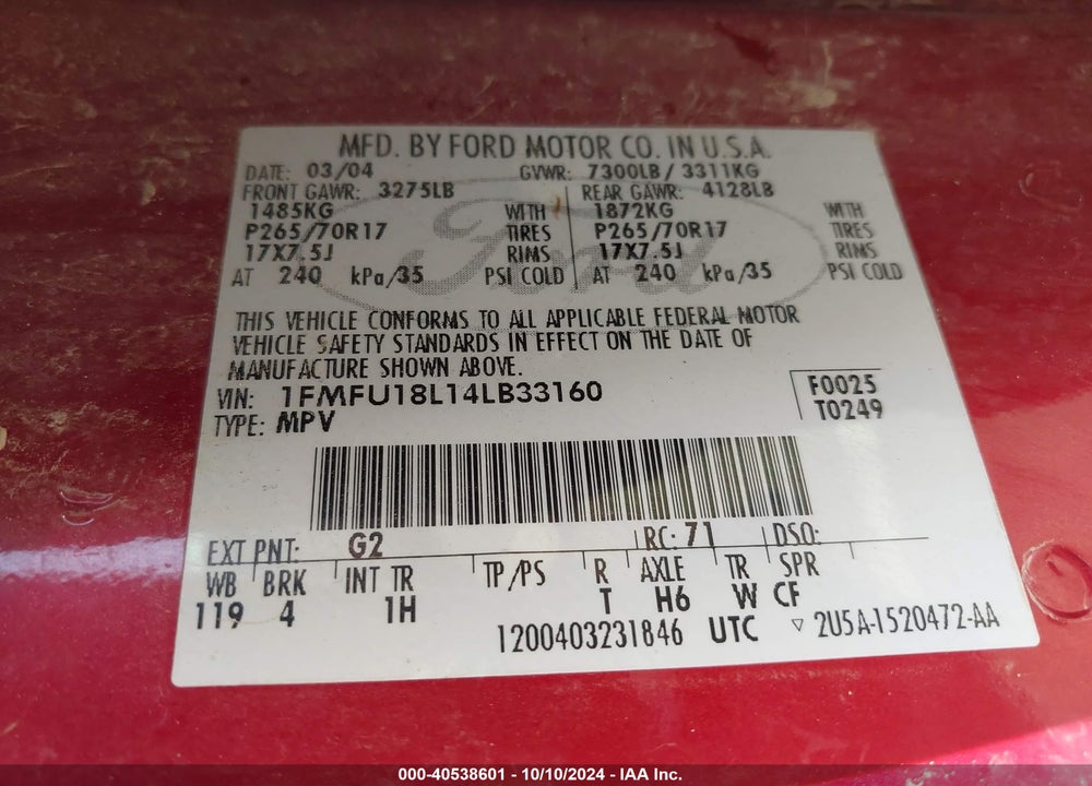 2004 FORD EXPEDITION EDDIE BAUER VIN: 1FMFU18L14LB33160