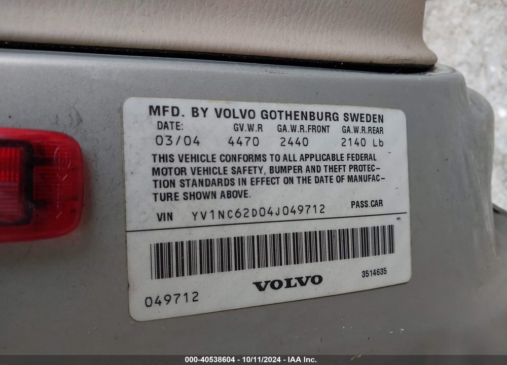 2004 VOLVO C70 HT VIN: YV1NC62D04J049712