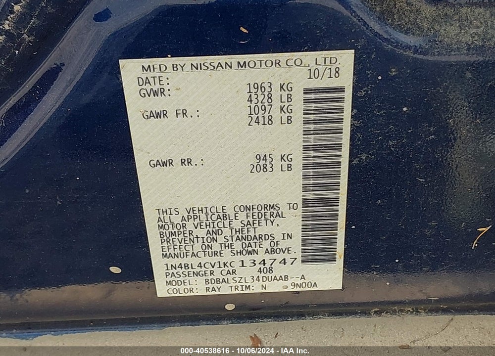 2019 NISSAN ALTIMA 2.5 SR VIN: 1N4BL4CV1KC134747