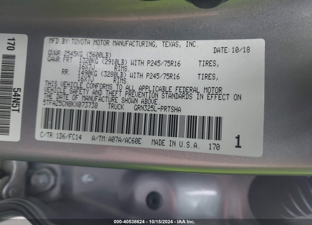 2019 TOYOTA TACOMA SR5 V6 VIN: 5TFAZ5CN8KX073738