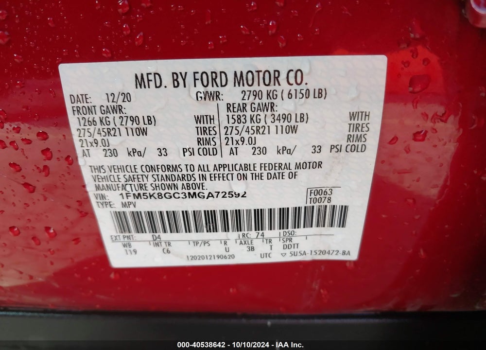 2021 FORD EXPLORER ST VIN: 1FM5K8GC3MGA72592