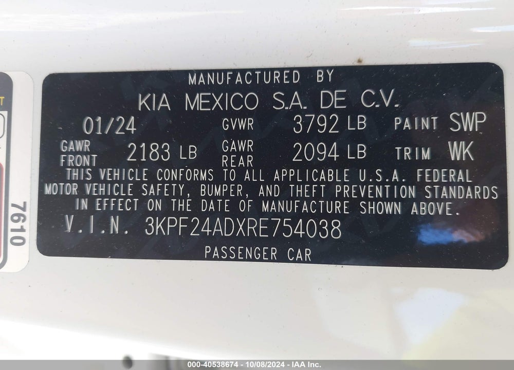 2024 KIA FORTE LXS VIN: 3KPF24ADXRE754038