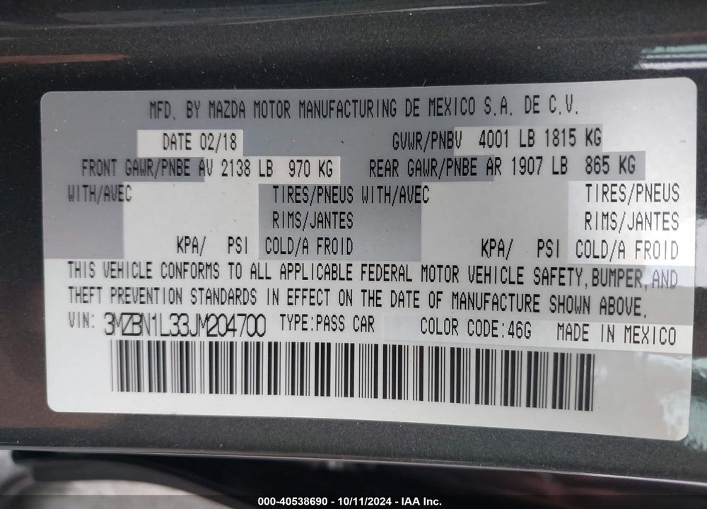 2018 MAZDA 3 TOURING VIN: 3MZBN1L33JM204700