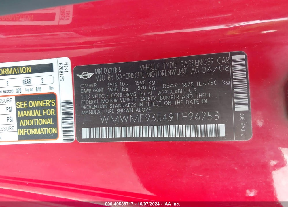 2009 MINI JOHN COOPER WORKS VIN: WMWMF93549TF96253