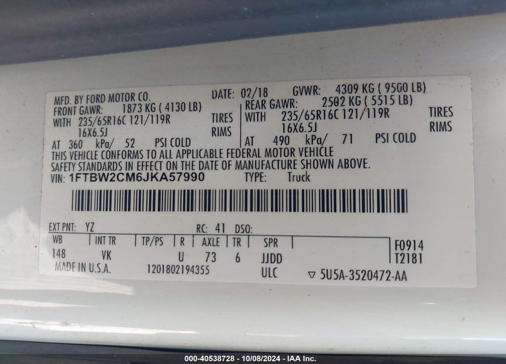2018 FORD TRANSIT-350 VIN: 1FTBW2CM6JKA57990