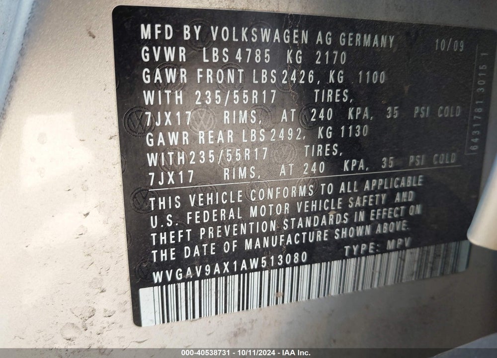 2010 VOLKSWAGEN TIGUAN SE VIN: WVGAV9AX1AW513080