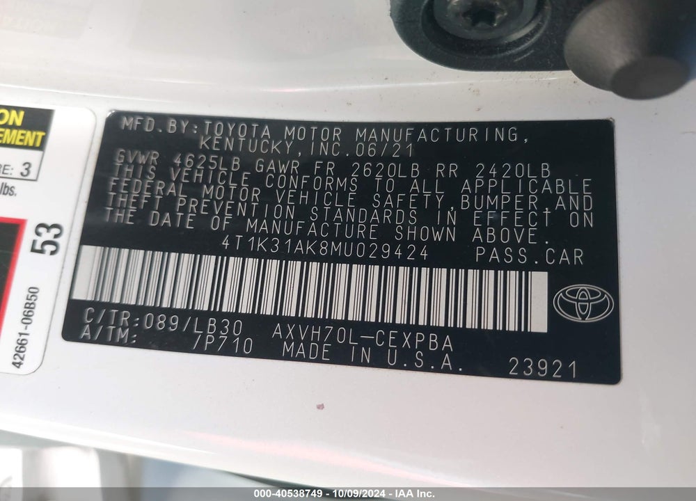 2021 TOYOTA CAMRY VIN: 4T1K31AK8MU029424
