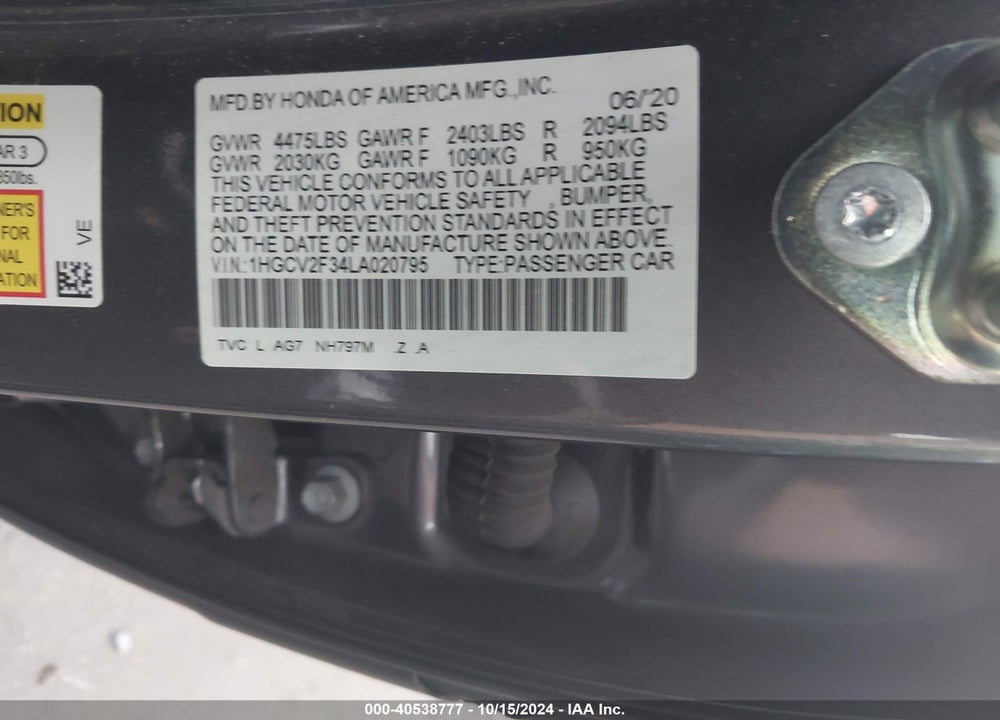 2020 HONDA ACCORD SPORT 2.0T VIN: 1HGCV2F34LA020795