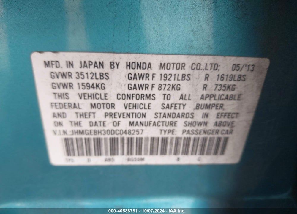 2013 HONDA FIT VIN: JHMGE8H30DC048257