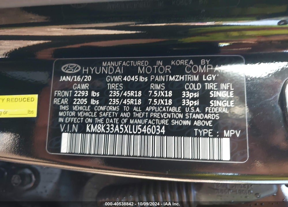 2020 HYUNDAI KONA LIMITED VIN: KM8K33A5XLU546034