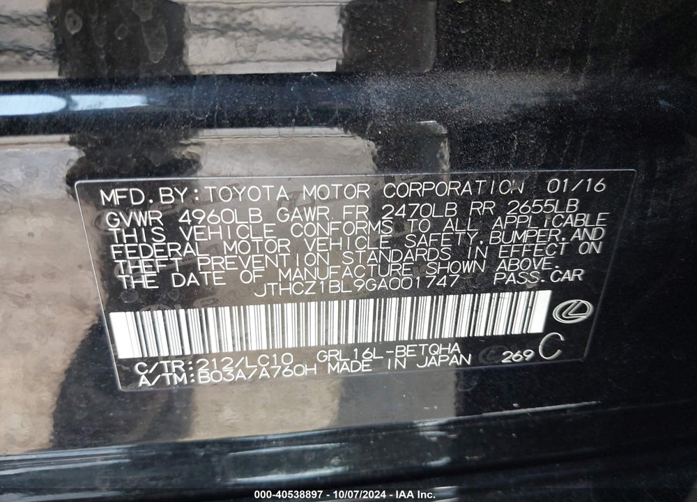 2016 LEXUS GS 350 VIN: JTHCZ1BL9GA001747