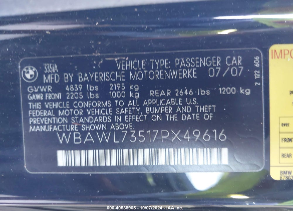 2007 BMW 335I VIN: WBAWL73517PX49616