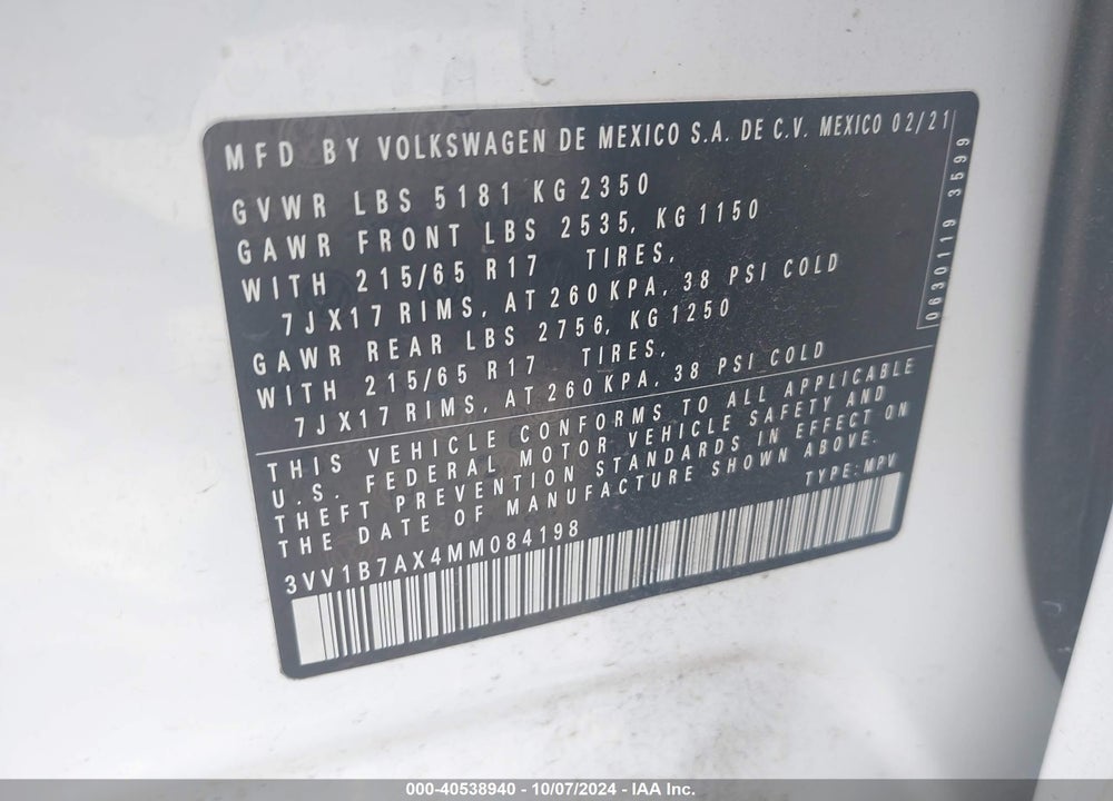 2021 VOLKSWAGEN TIGUAN 2.0T S VIN: 3VV1B7AX4MM084198