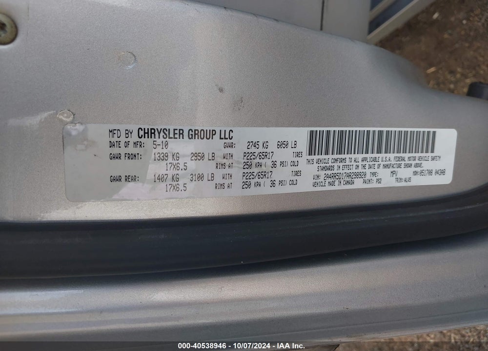 2010 CHRYSLER TOWN & COUNTRY TOURING VIN: 2A4RR5D17AR298920