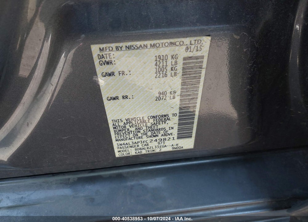 2015 NISSAN ALTIMA 2.5 SL VIN: 1N4AL3AP3FC249821