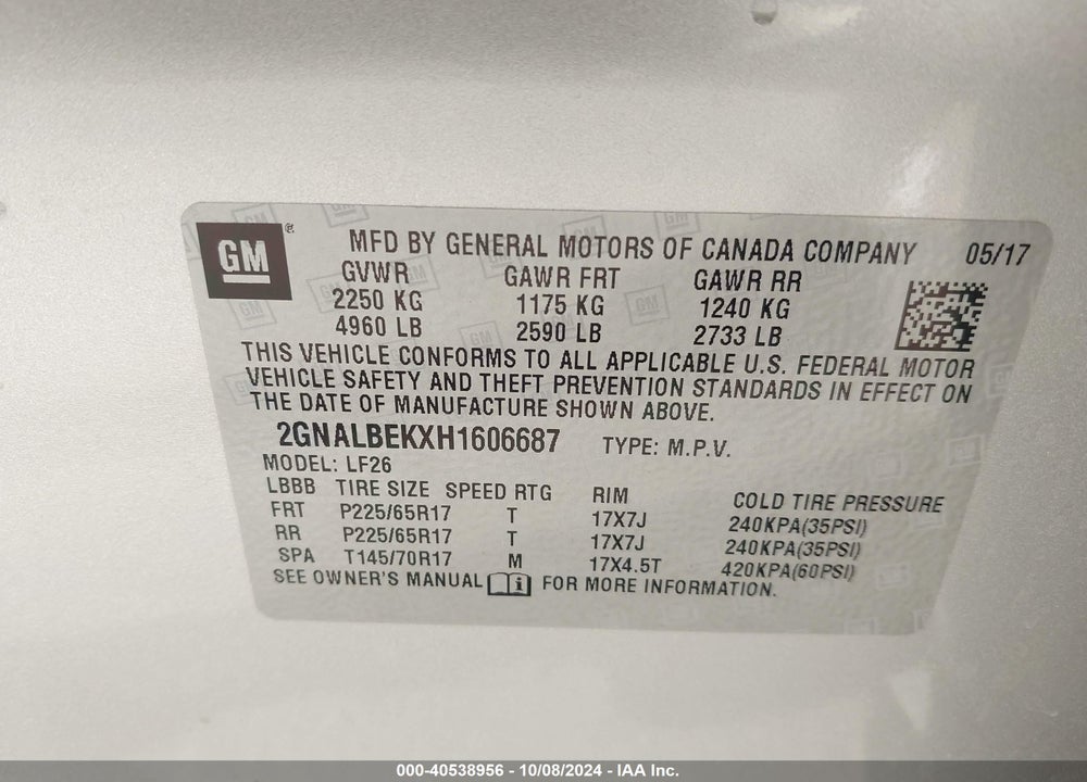 2017 CHEVROLET EQUINOX LS VIN: 2GNALBEKXH1606687