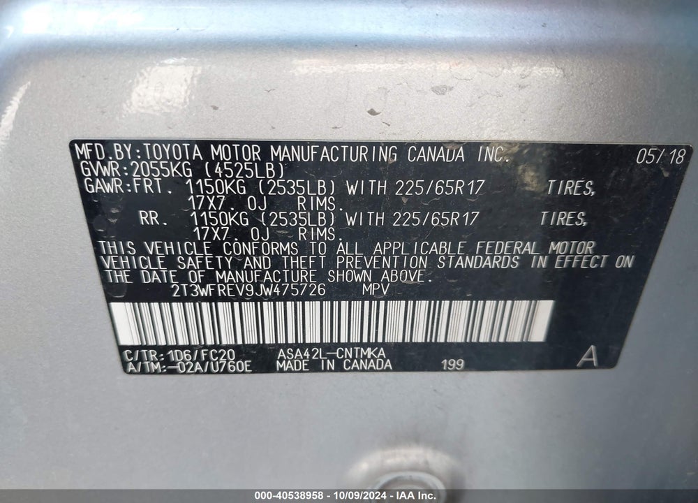 2018 TOYOTA RAV4 XLE VIN: 2T3WFREV9JW475726