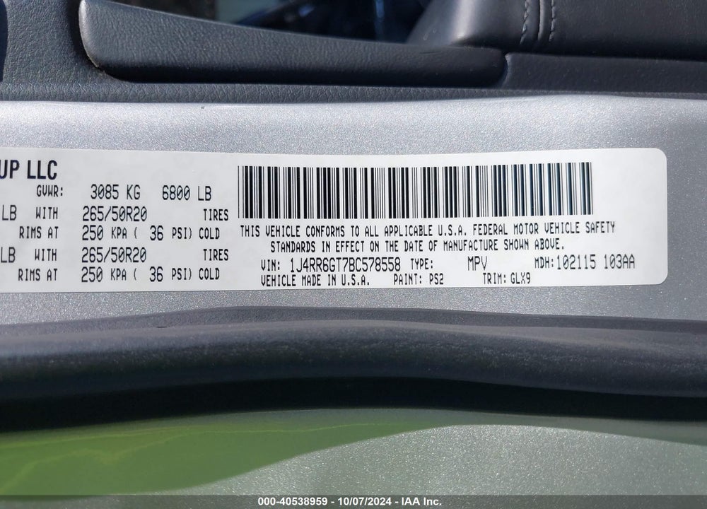 2011 JEEP GRAND CHEROKEE OVERLAND VIN: 1J4RR6GT7BC578558