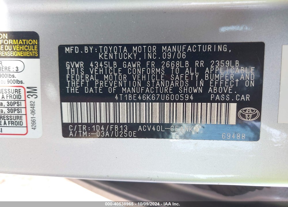 2007 TOYOTA CAMRY LE VIN: 4T1BE46K67U600594