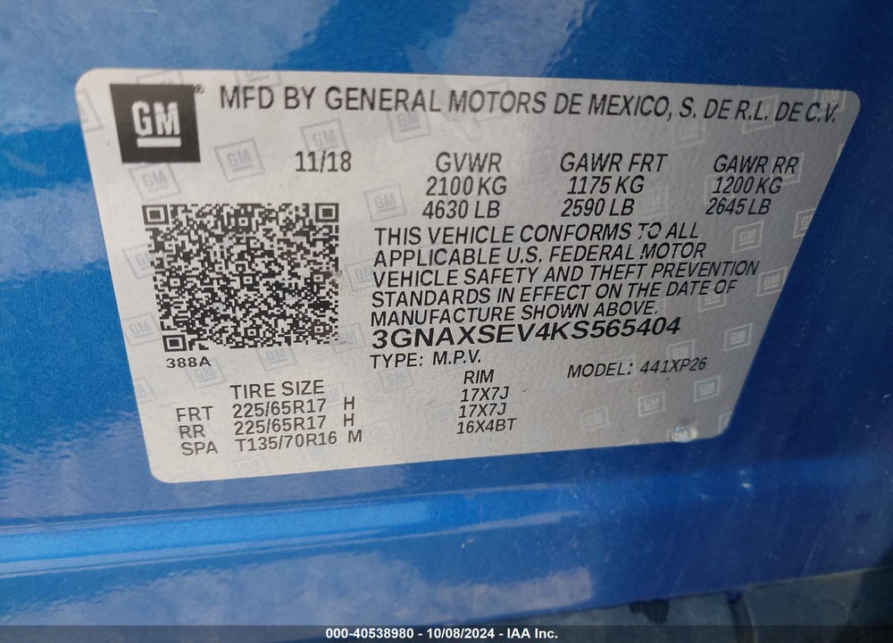 2019 CHEVROLET EQUINOX LS VIN: 3GNAXSEV4KS565404