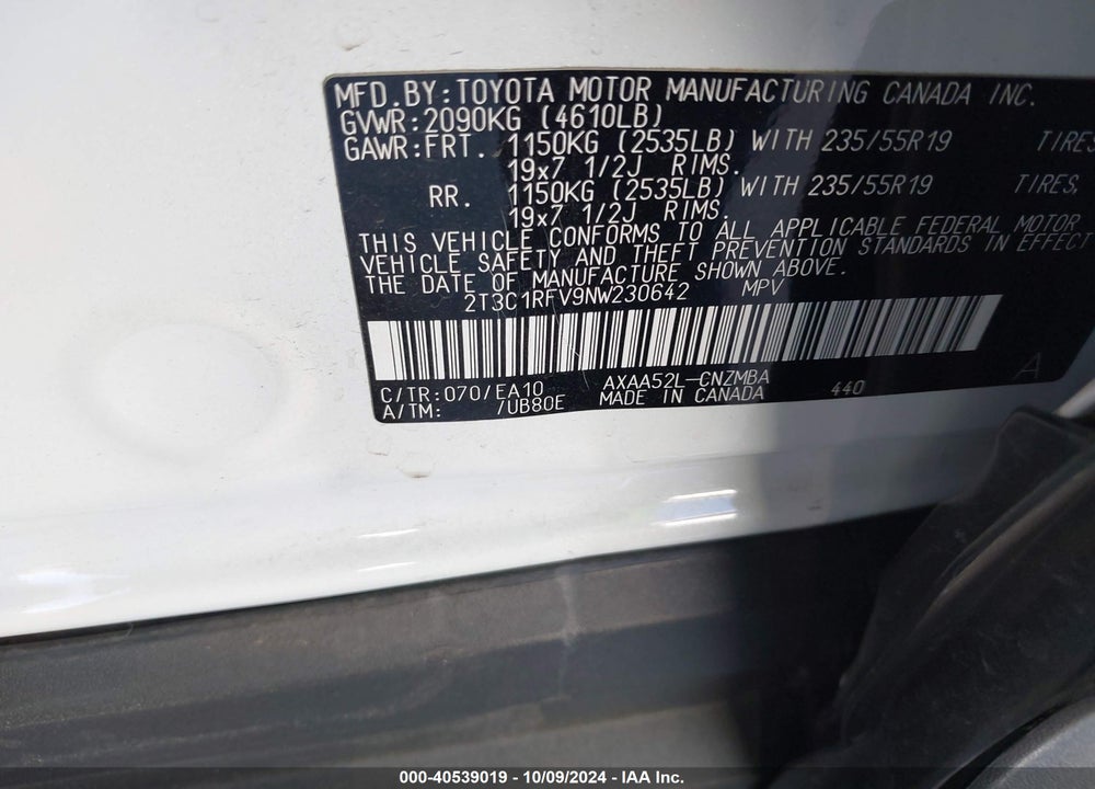 2022 TOYOTA RAV4 XLE PREMIUM VIN: 2T3C1RFV9NW230642