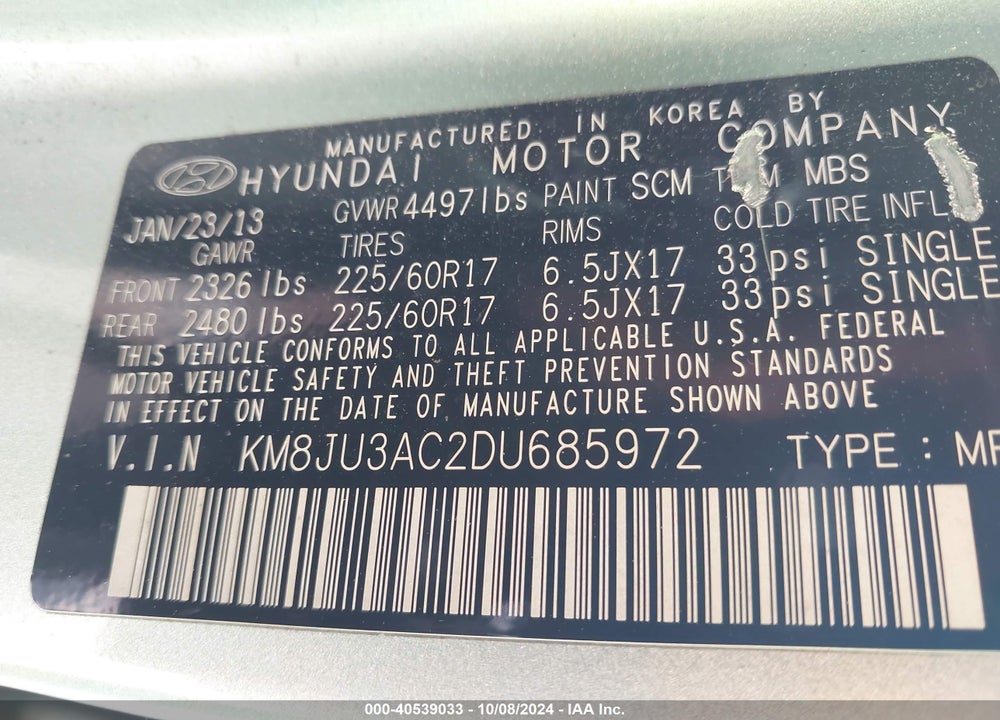 2013 HYUNDAI TUCSON GLS VIN: KM8JU3AC2DU685972
