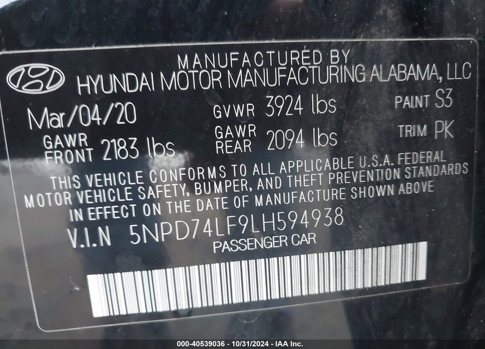 2020 HYUNDAI ELANTRA SE VIN: 5NPD74LF9LH594938