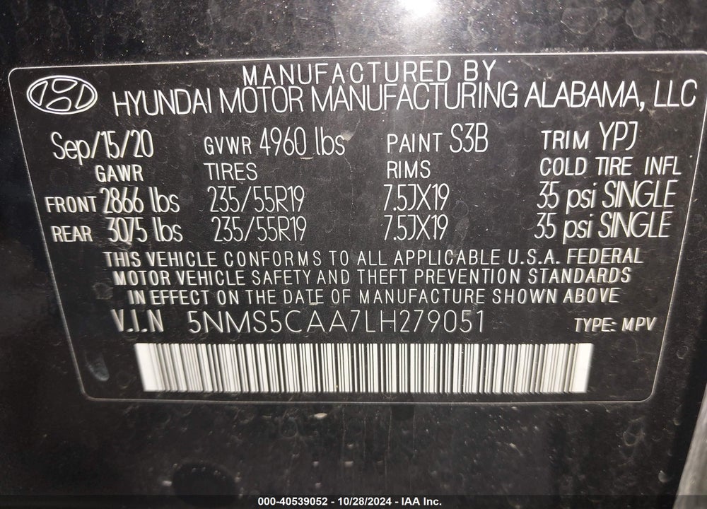 2020 HYUNDAI SANTA FE LIMITED 2.0T VIN: 5NMS5CAA7LH279051