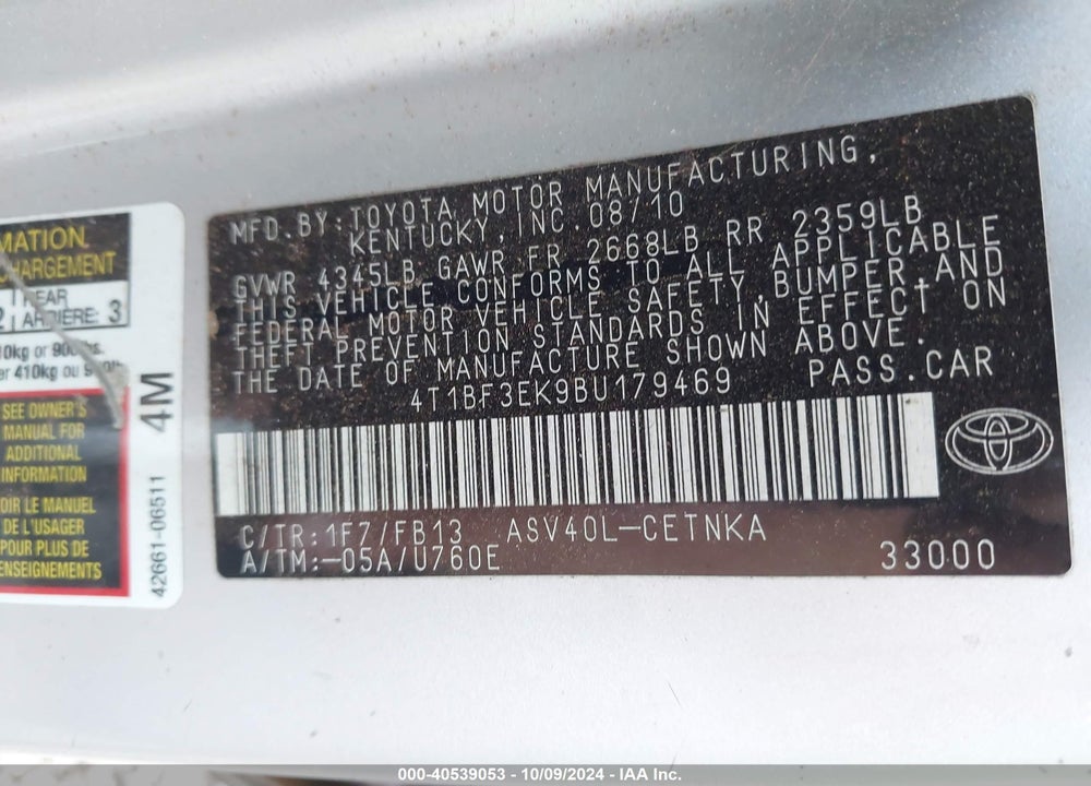 2011 TOYOTA CAMRY LE VIN: 4T1BF3EK9BU179469