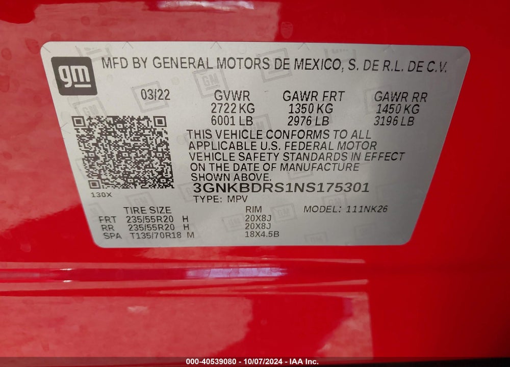 2022 CHEVROLET BLAZER FWD 3LT VIN: 3GNKBDRS1NS175301