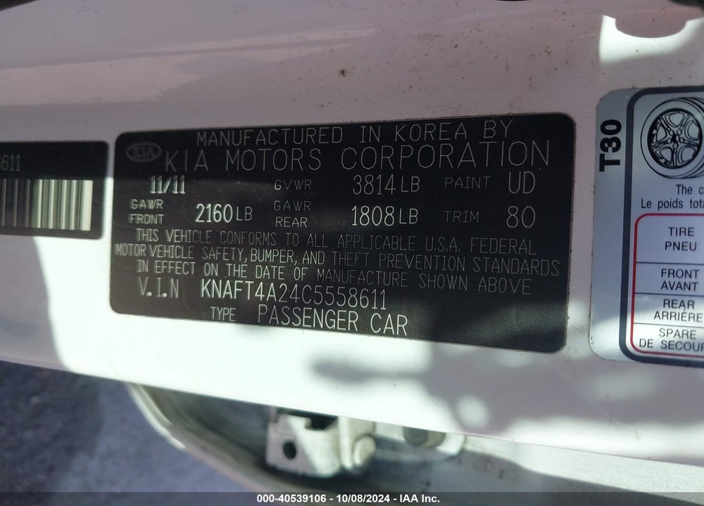 2012 KIA FORTE LX VIN: KNAFT4A24C5558611