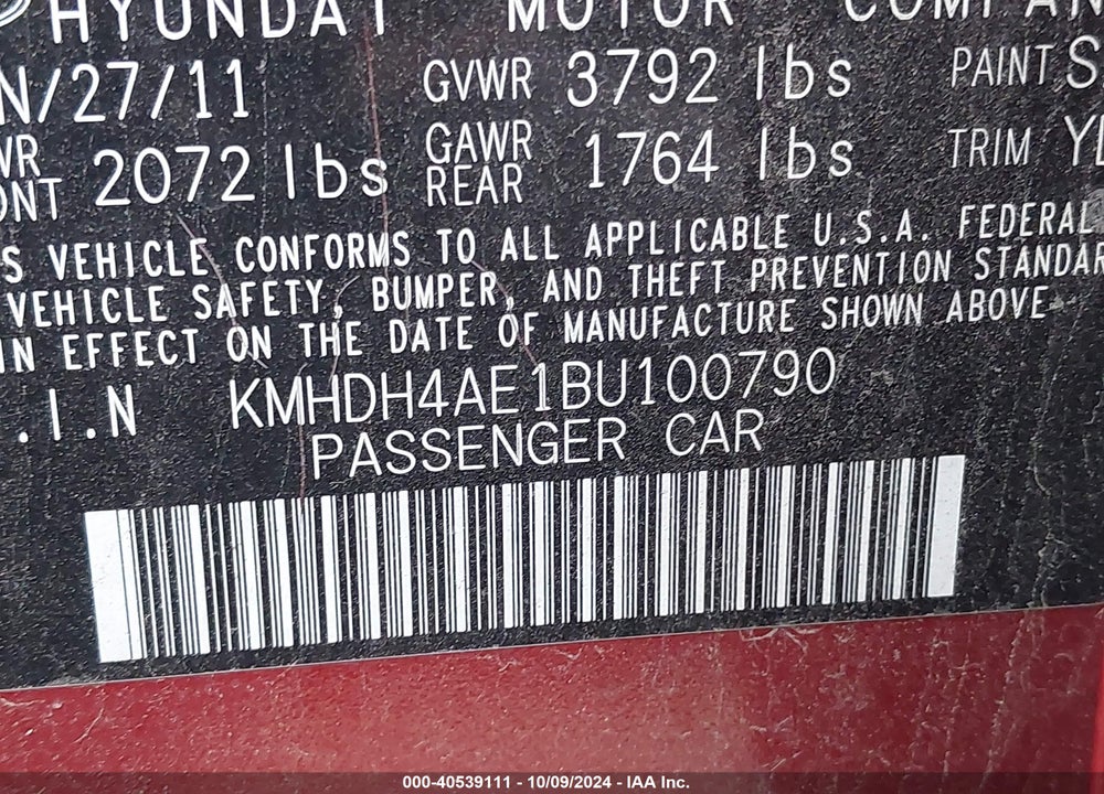2011 HYUNDAI ELANTRA LIMITED (ULSAN PLANT) VIN: KMHDH4AE1BU100790