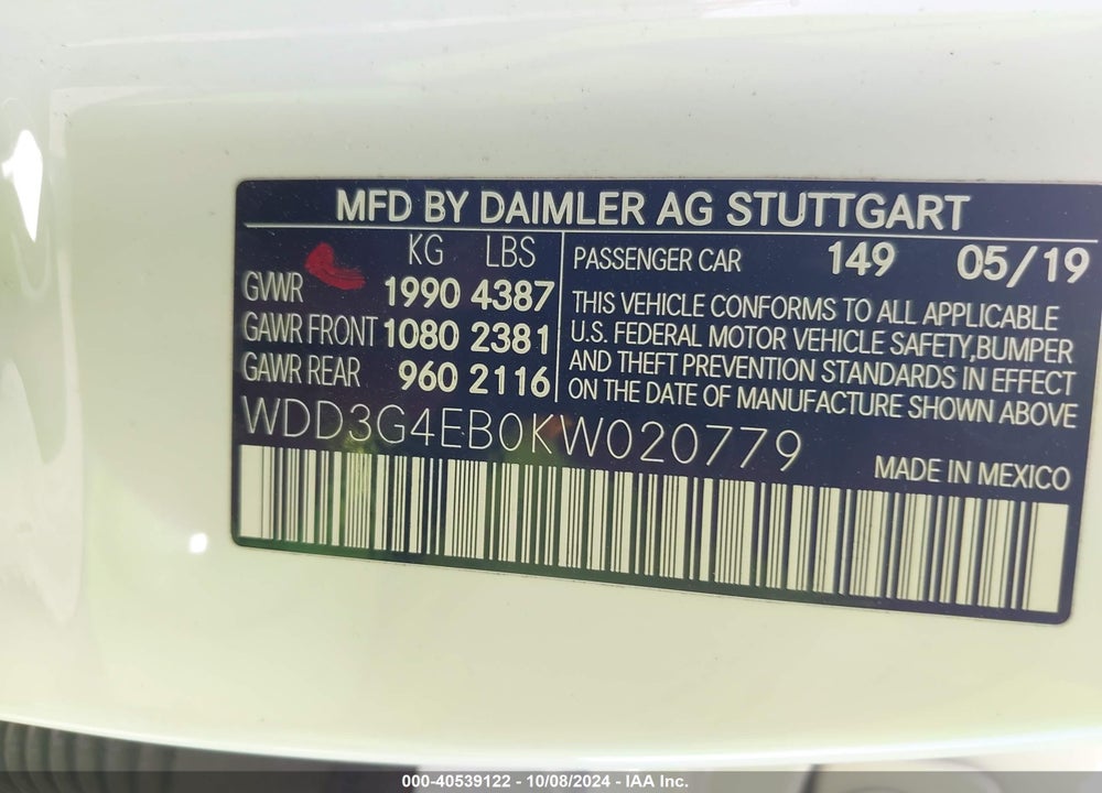 2019 MERCEDES-BENZ A 220 VIN: WDD3G4EB0KW020779