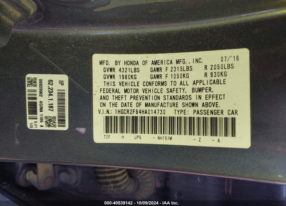 2017 HONDA ACCORD SPORT VIN: 1HGCR2F64HA014730