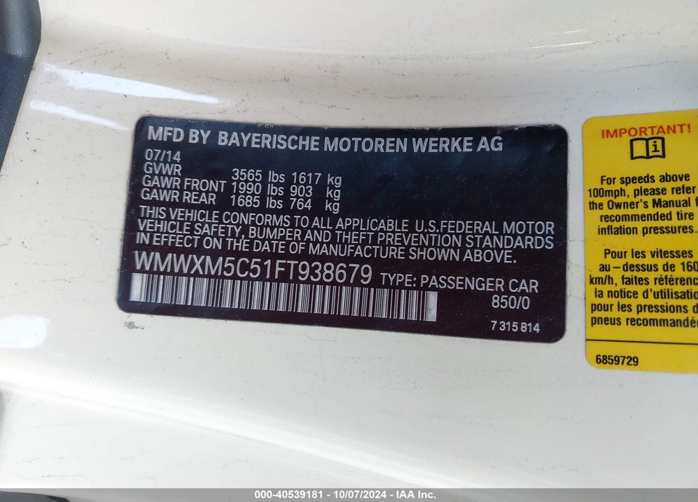 2015 MINI HARDTOP COOPER VIN: WMWXM5C51FT938679