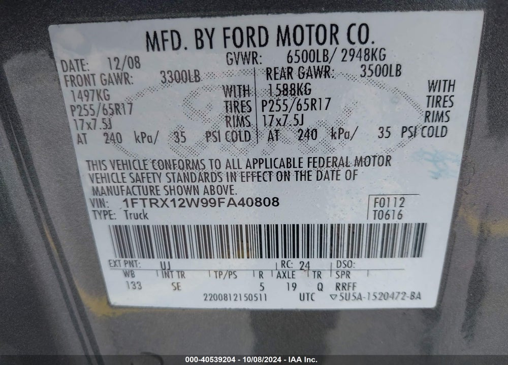 2009 FORD F-150 STX/XL VIN: 1FTRX12W99FA40808