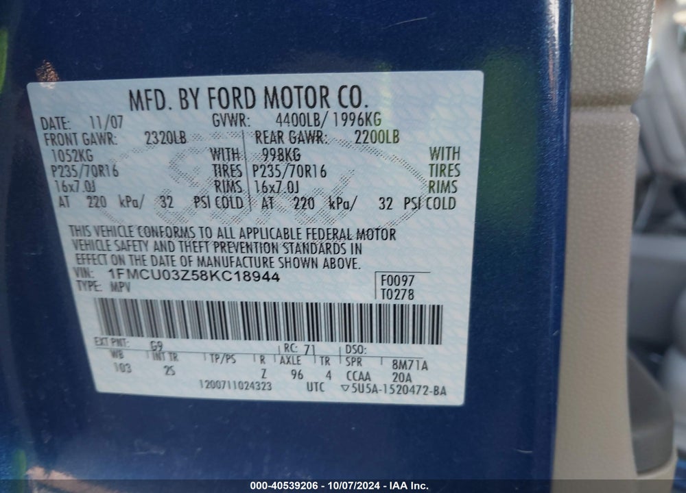 2008 FORD ESCAPE XLT VIN: 1FMCU03Z58KC18944