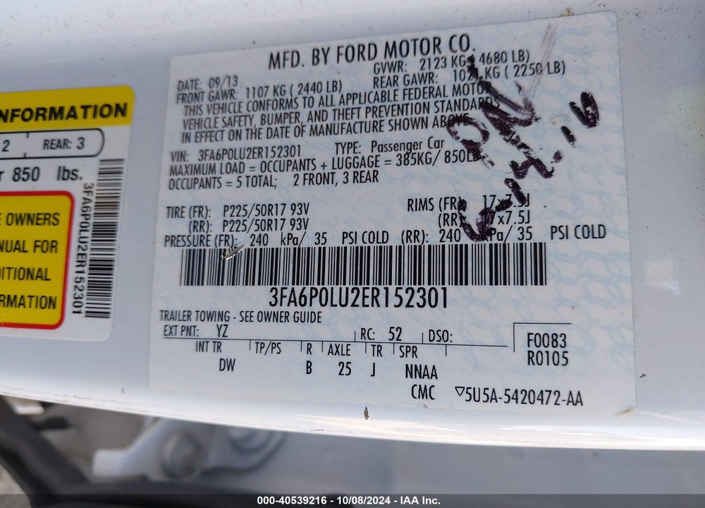 2014 FORD FUSION HYBRID SE VIN: 3FA6P0LU2ER152301