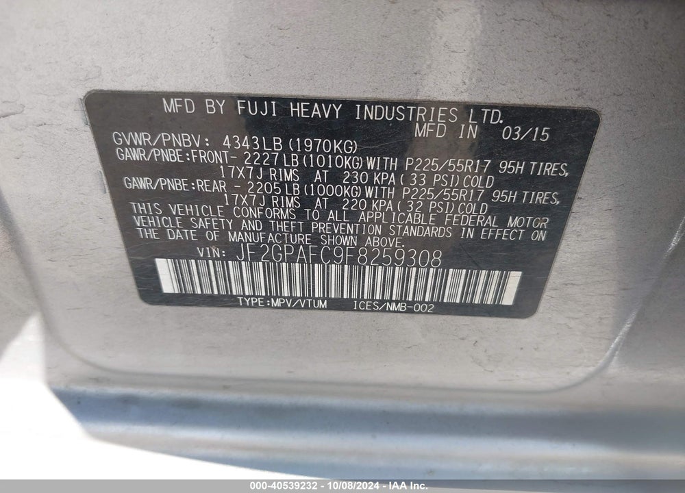 2015 SUBARU XV CROSSTREK 2.0I PREMIUM VIN: JF2GPAFC9F8259308