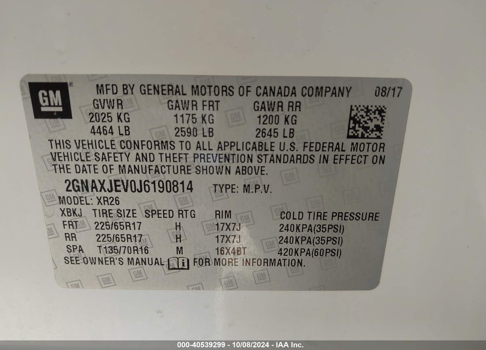 2018 CHEVROLET EQUINOX LT VIN: 2GNAXJEV0J6190814
