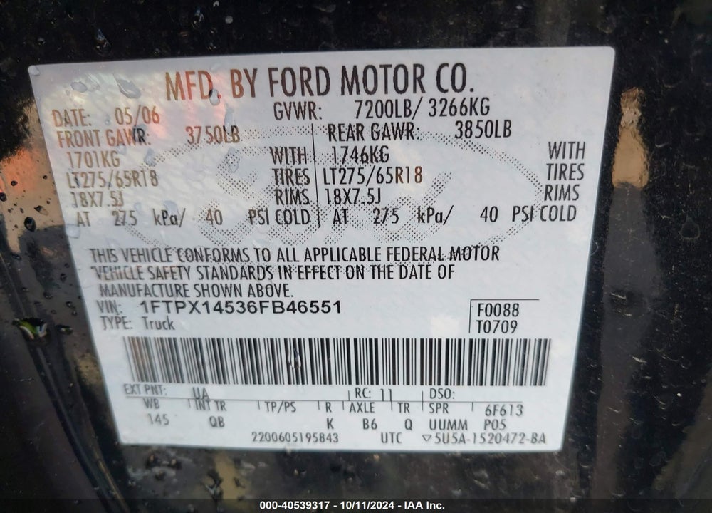 2006 FORD F-150 FX4/LARIAT/XL/XLT VIN: 1FTPX14536FB46551