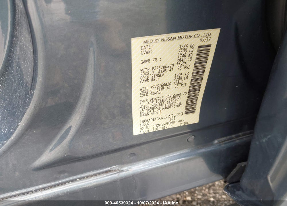 2012 NISSAN TITAN SL VIN: 1N6BA0EC1CN320229