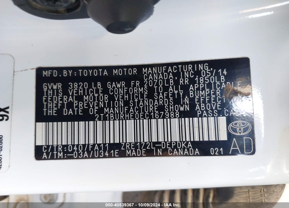 2014 TOYOTA COROLLA L VIN: 2T1BURHE0EC167988