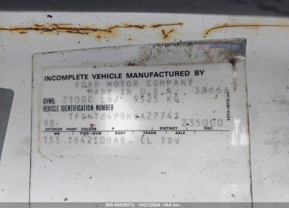 1987 FORD F600 F VIN: 1FDNT64P8HVA27741